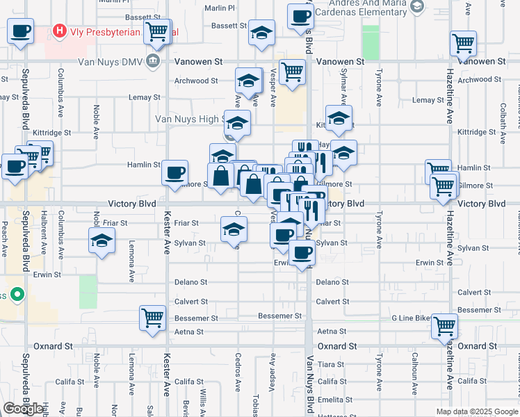 map of restaurants, bars, coffee shops, grocery stores, and more near 14628 Victory Boulevard in Los Angeles