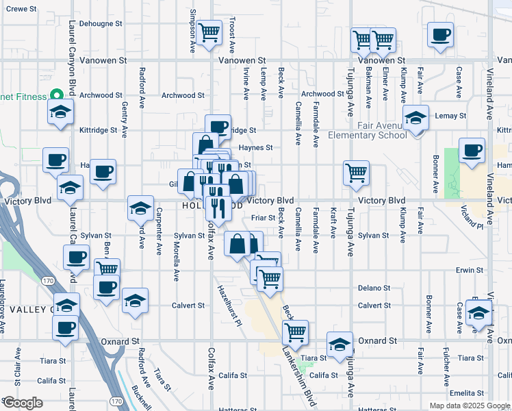 map of restaurants, bars, coffee shops, grocery stores, and more near 11618 Victory Boulevard in Los Angeles