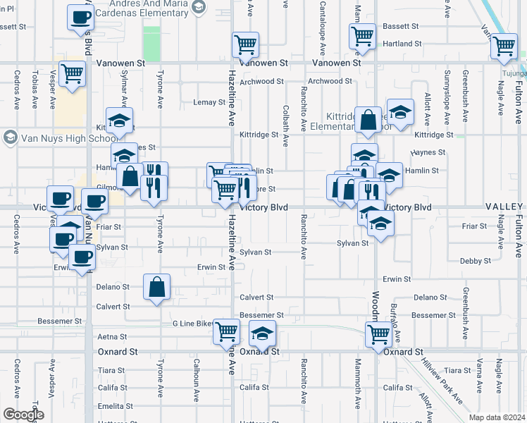 map of restaurants, bars, coffee shops, grocery stores, and more near 6357 Costello Avenue in Los Angeles