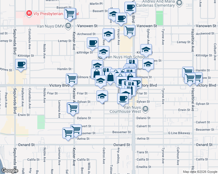 map of restaurants, bars, coffee shops, grocery stores, and more near 14628 Victory Boulevard in Los Angeles