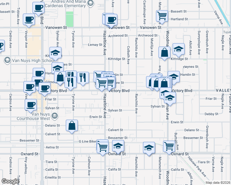 map of restaurants, bars, coffee shops, grocery stores, and more near 6356 Murietta Avenue in Los Angeles