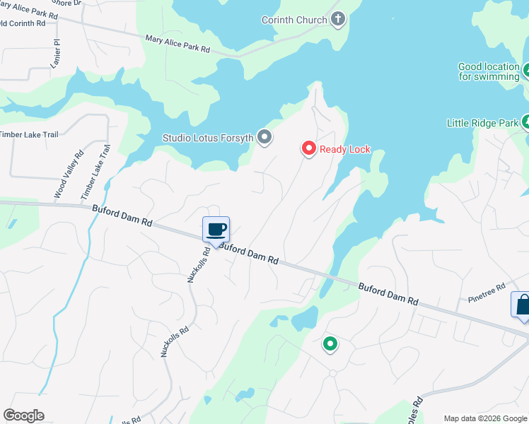 map of restaurants, bars, coffee shops, grocery stores, and more near 1825 Habersham Marina Road in Cumming