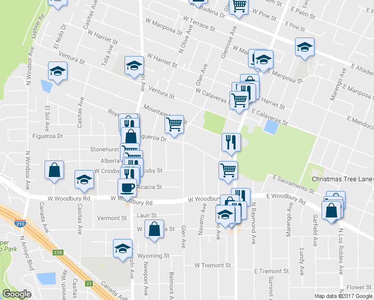 map of restaurants, bars, coffee shops, grocery stores, and more near 2370 Glenrose Avenue in Altadena