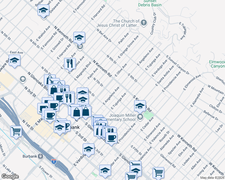 map of restaurants, bars, coffee shops, grocery stores, and more near 711 East Angeleno Avenue in Burbank