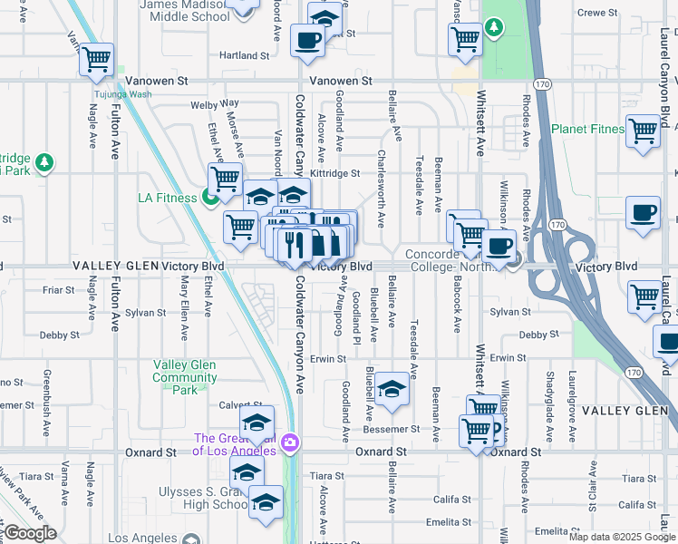 map of restaurants, bars, coffee shops, grocery stores, and more near 12764 Victory Boulevard in Los Angeles