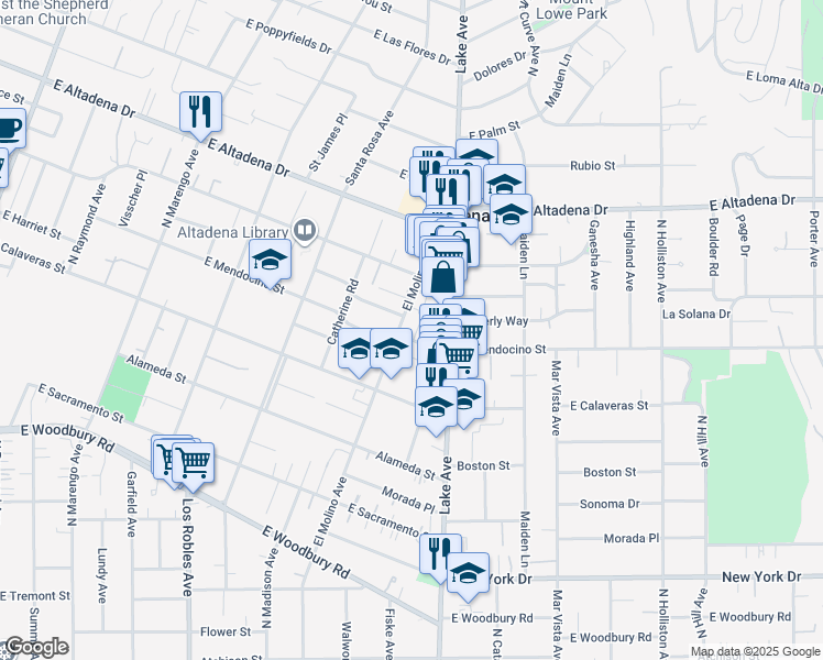 map of restaurants, bars, coffee shops, grocery stores, and more near 801 East Mendocino Street in Altadena