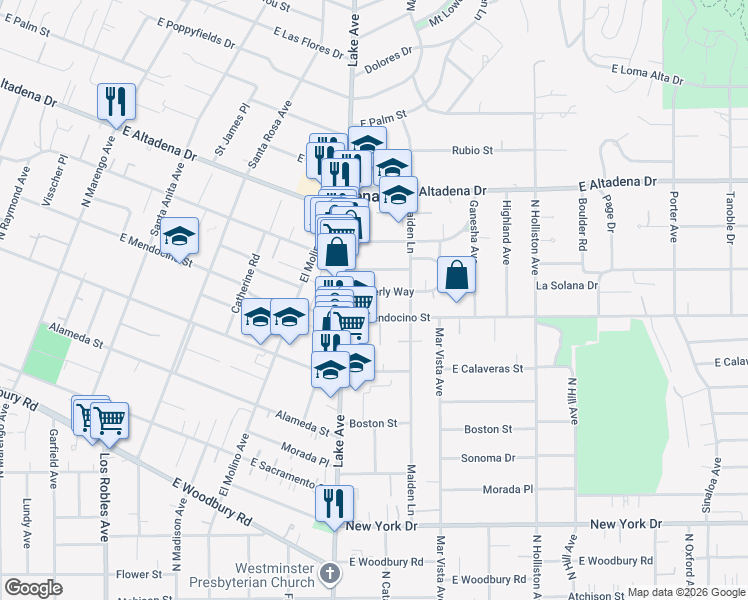 map of restaurants, bars, coffee shops, grocery stores, and more near 952 Beverly Way in Altadena