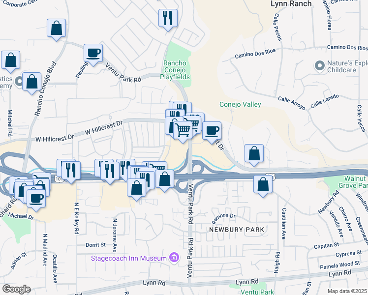 map of restaurants, bars, coffee shops, grocery stores, and more near 500 North Ventu Park Road in Thousand Oaks
