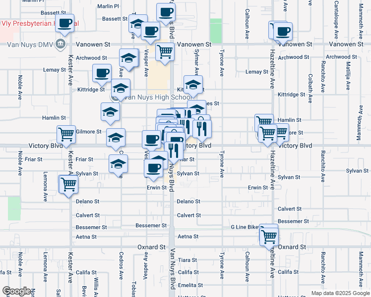 map of restaurants, bars, coffee shops, grocery stores, and more near 14426 Victory Boulevard in Los Angeles