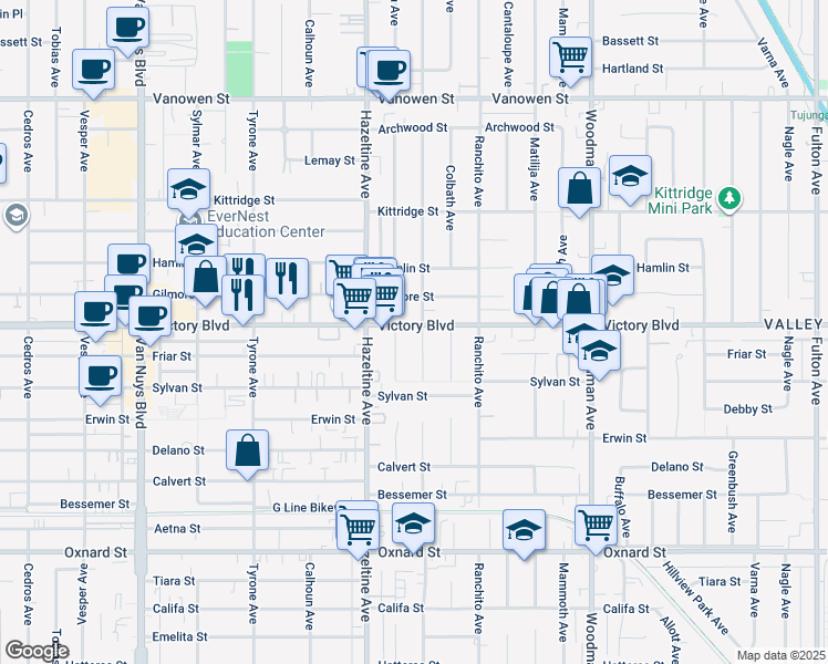 map of restaurants, bars, coffee shops, grocery stores, and more near 6357 Costello Avenue in Los Angeles
