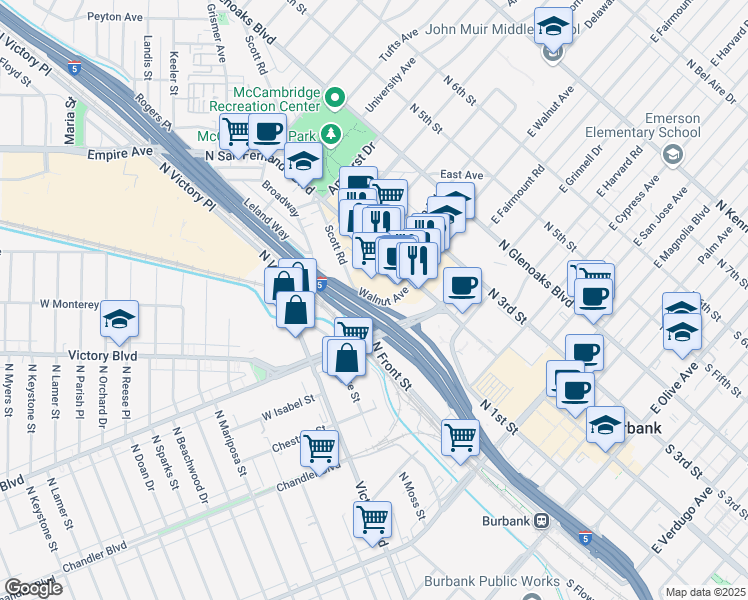 map of restaurants, bars, coffee shops, grocery stores, and more near 60 Walnut Avenue in Burbank