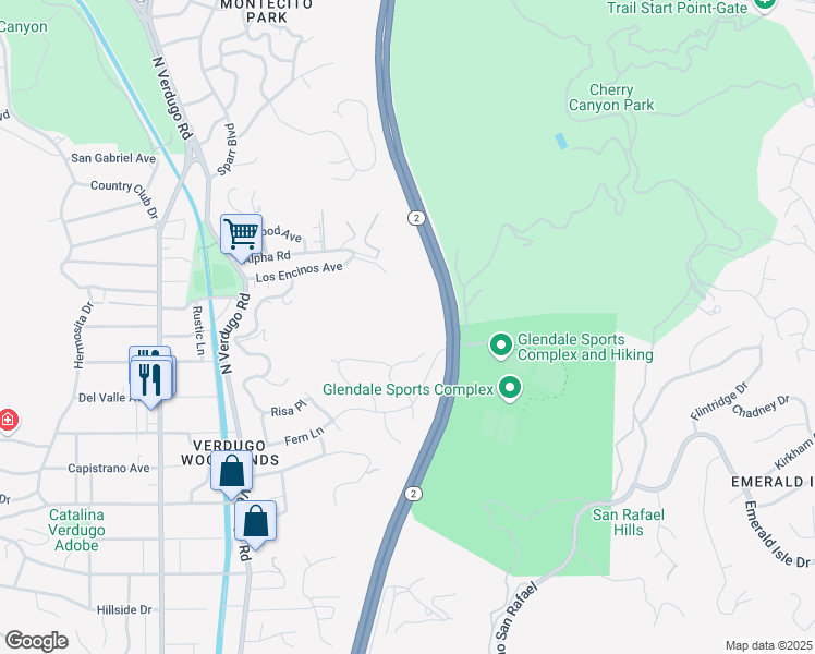 map of restaurants, bars, coffee shops, grocery stores, and more near Emburns Drive in Glendale