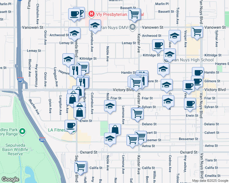 map of restaurants, bars, coffee shops, grocery stores, and more near 15050 Victory Boulevard in Los Angeles