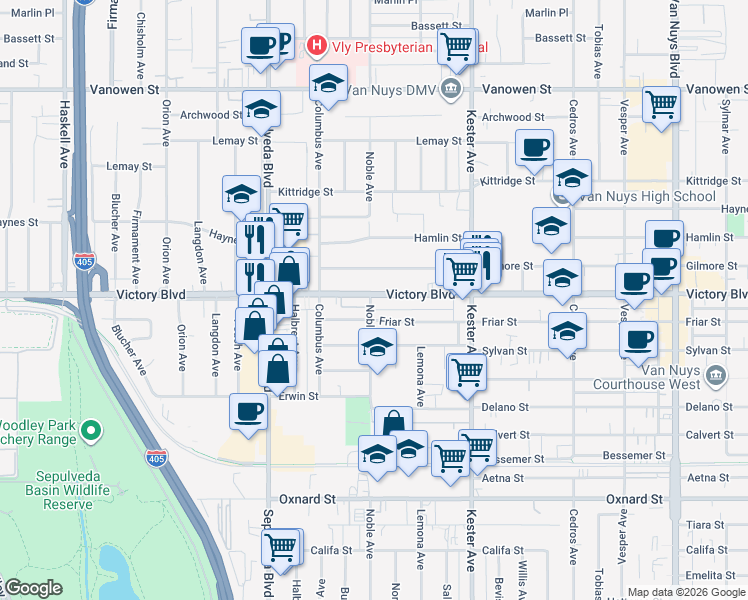 map of restaurants, bars, coffee shops, grocery stores, and more near 15080 Victory Boulevard in Los Angeles
