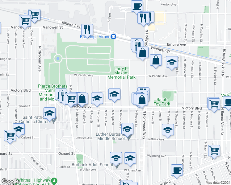map of restaurants, bars, coffee shops, grocery stores, and more near 2044 North Maple Street in Burbank