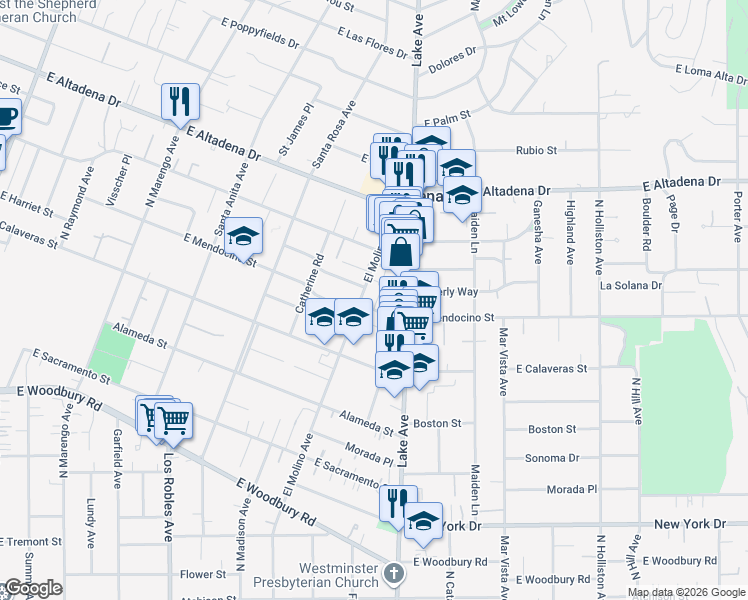 map of restaurants, bars, coffee shops, grocery stores, and more near 801 East Mendocino Street in Altadena