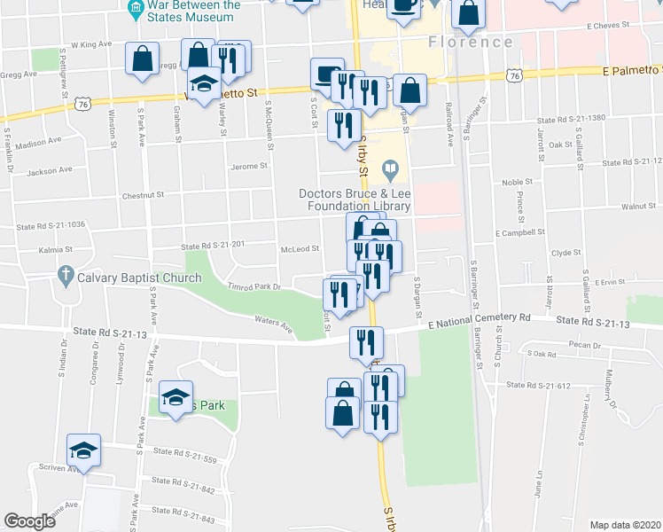 map of restaurants, bars, coffee shops, grocery stores, and more near 658 South Coit Street in Florence