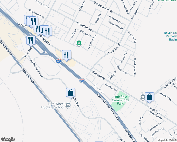 map of restaurants, bars, coffee shops, grocery stores, and more near 2709 White Pine Avenue in San Bernardino