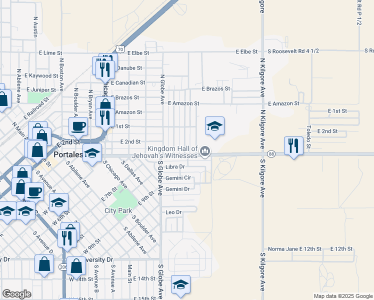map of restaurants, bars, coffee shops, grocery stores, and more near 137 South Indio Avenue in Portales