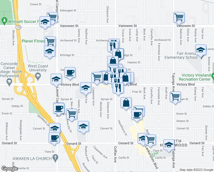 map of restaurants, bars, coffee shops, grocery stores, and more near 11734 Victory Boulevard in Los Angeles