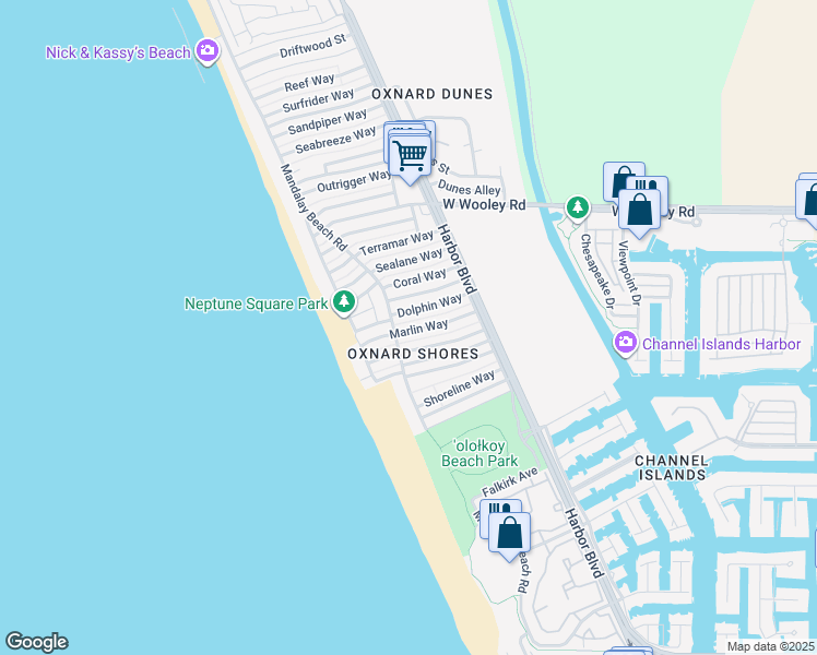 map of restaurants, bars, coffee shops, grocery stores, and more near 5047 Marlin Way in Oxnard