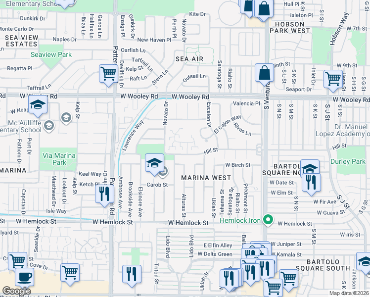 map of restaurants, bars, coffee shops, grocery stores, and more near 1315 Alturas Street in Oxnard