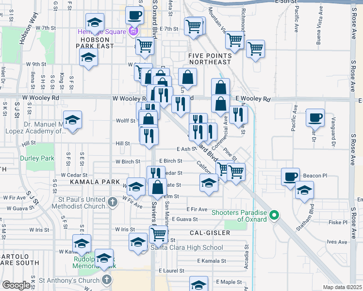 map of restaurants, bars, coffee shops, grocery stores, and more near 247 East Ash Street in Oxnard