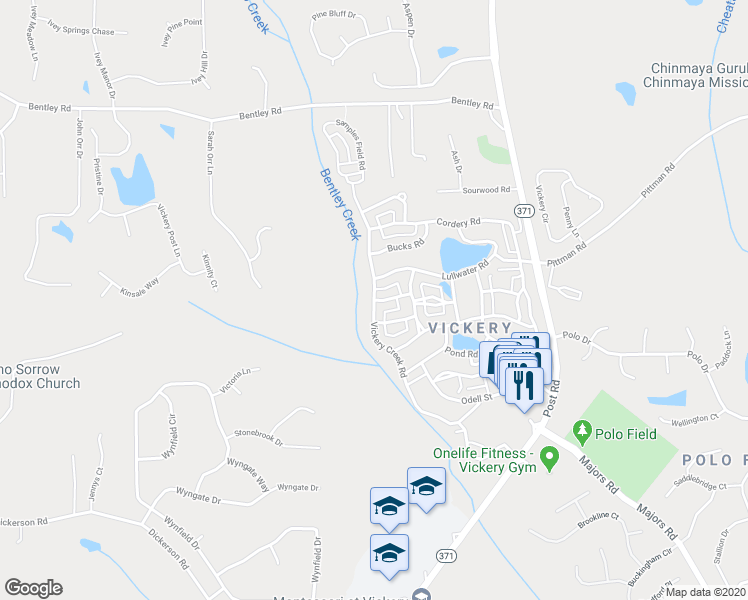 map of restaurants, bars, coffee shops, grocery stores, and more near 6530 Vickery Creek Road in Cumming