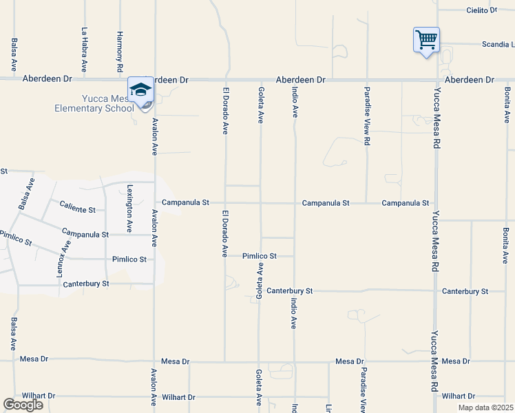 map of restaurants, bars, coffee shops, grocery stores, and more near Campanula Street in Yucca Valley