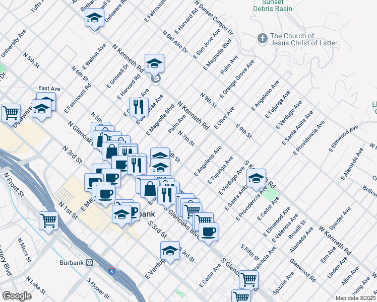 map of restaurants, bars, coffee shops, grocery stores, and more near 621 East Olive Avenue in Burbank