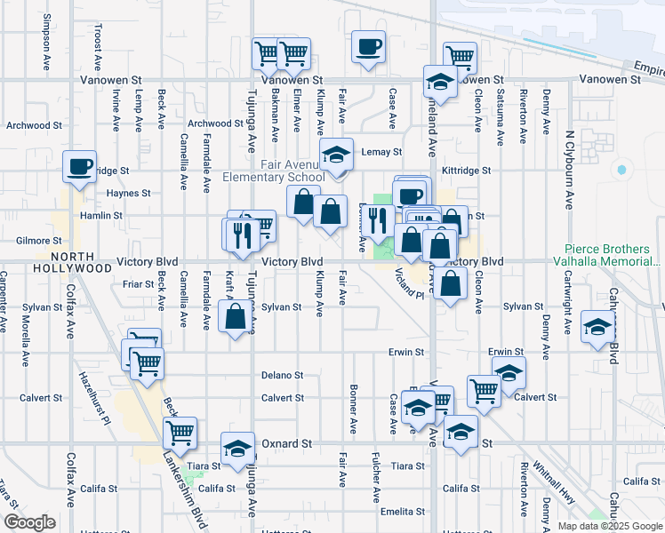 map of restaurants, bars, coffee shops, grocery stores, and more near 11218 Victory Boulevard in Los Angeles