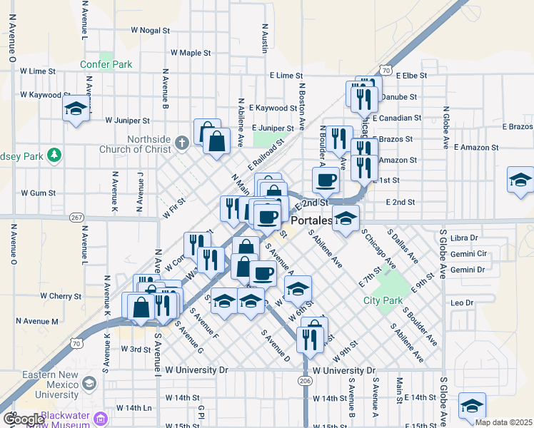 map of restaurants, bars, coffee shops, grocery stores, and more near 123 Main Street in Portales