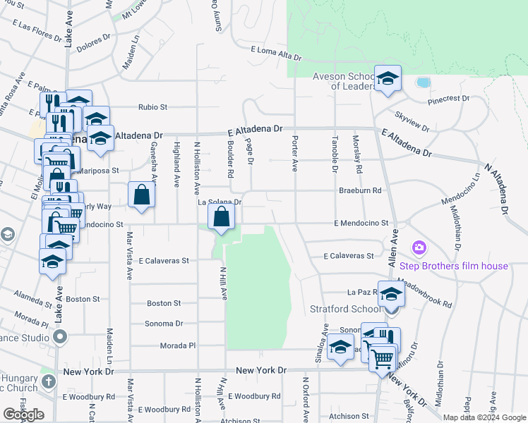 map of restaurants, bars, coffee shops, grocery stores, and more near 1520 Carroll Drive in Altadena