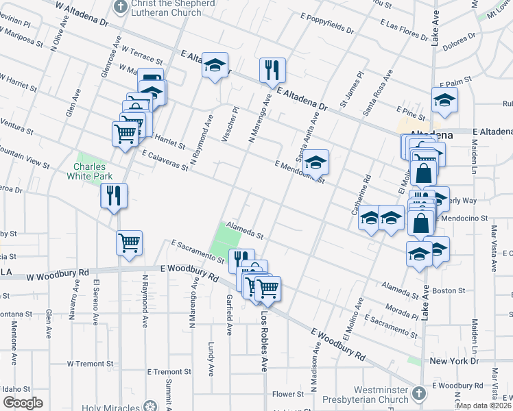 map of restaurants, bars, coffee shops, grocery stores, and more near 2379 Oliveras Avenue in Altadena