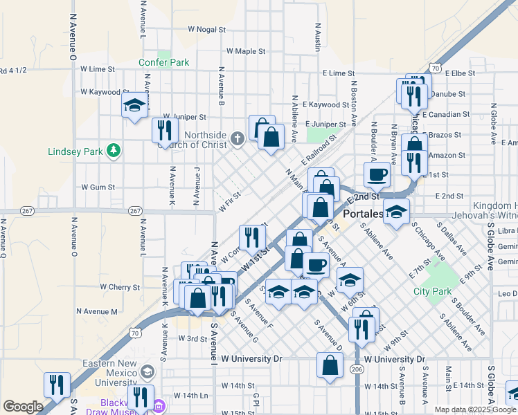 map of restaurants, bars, coffee shops, grocery stores, and more near 212 West Commercial Street in Portales