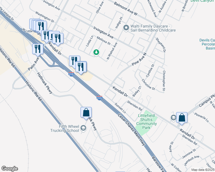 map of restaurants, bars, coffee shops, grocery stores, and more near 5696 Pine Avenue North in San Bernardino