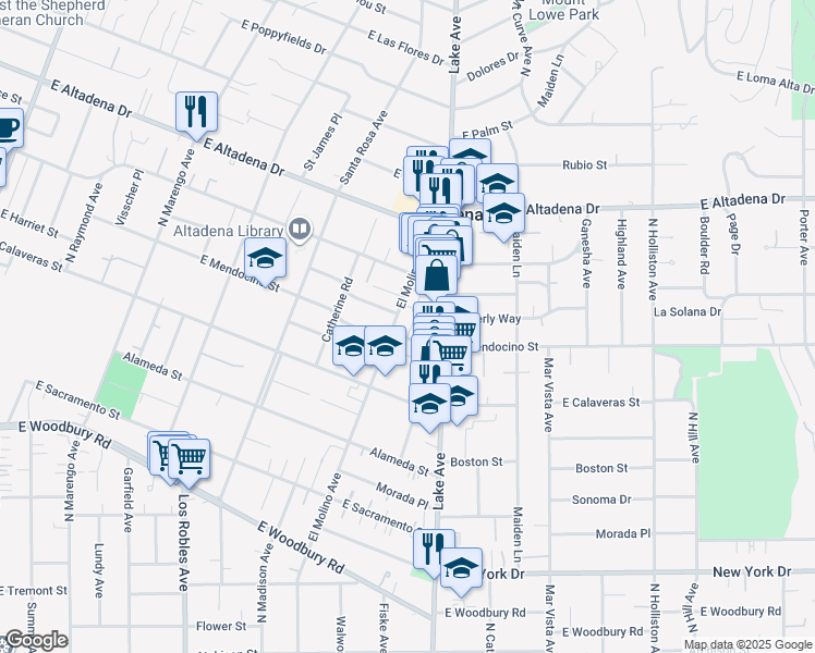 map of restaurants, bars, coffee shops, grocery stores, and more near 801 East Mendocino Street in Altadena