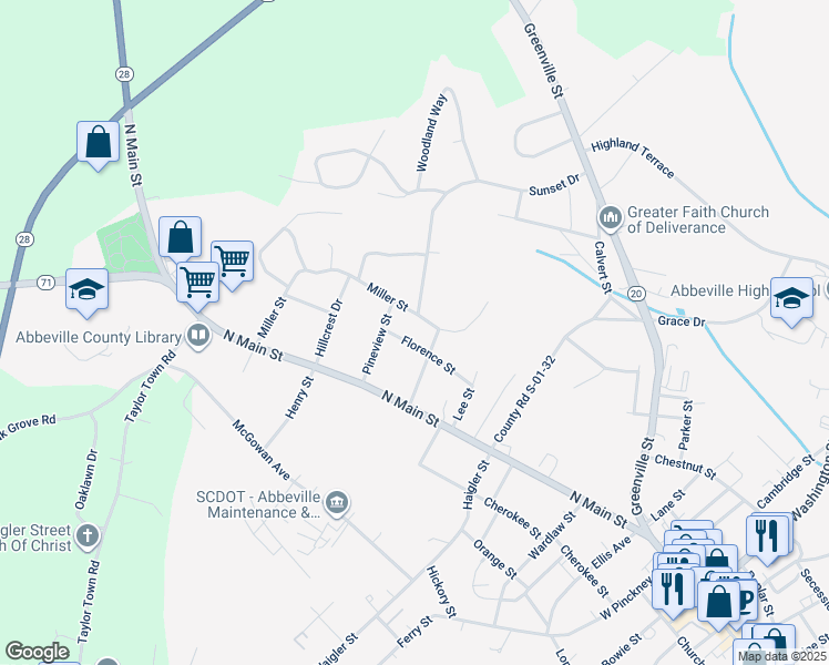 map of restaurants, bars, coffee shops, grocery stores, and more near 206 Florence Street in Abbeville