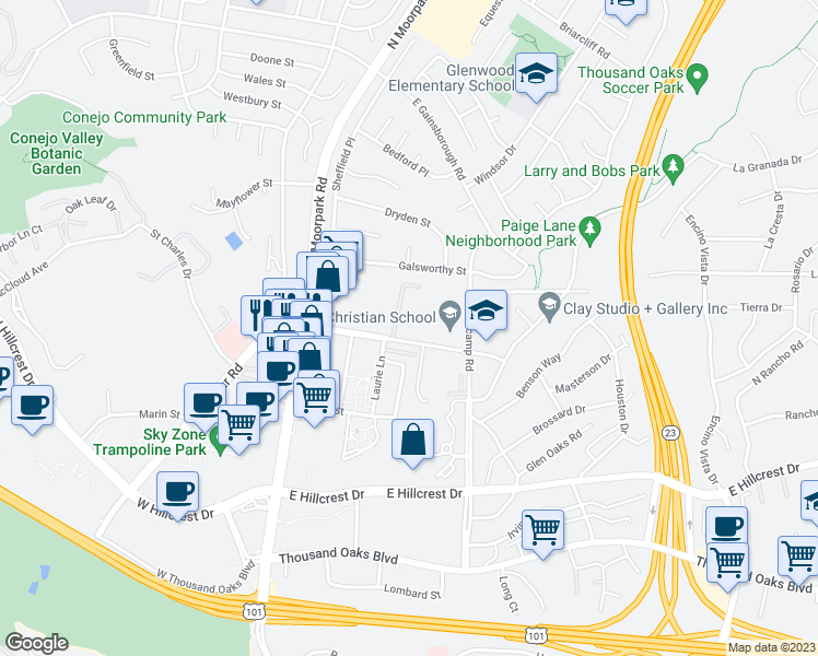 map of restaurants, bars, coffee shops, grocery stores, and more near 259 East Wilbur Road in Thousand Oaks