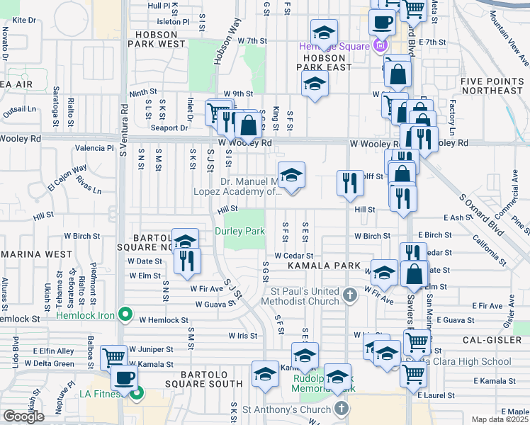 map of restaurants, bars, coffee shops, grocery stores, and more near 1310 South G Street in Oxnard