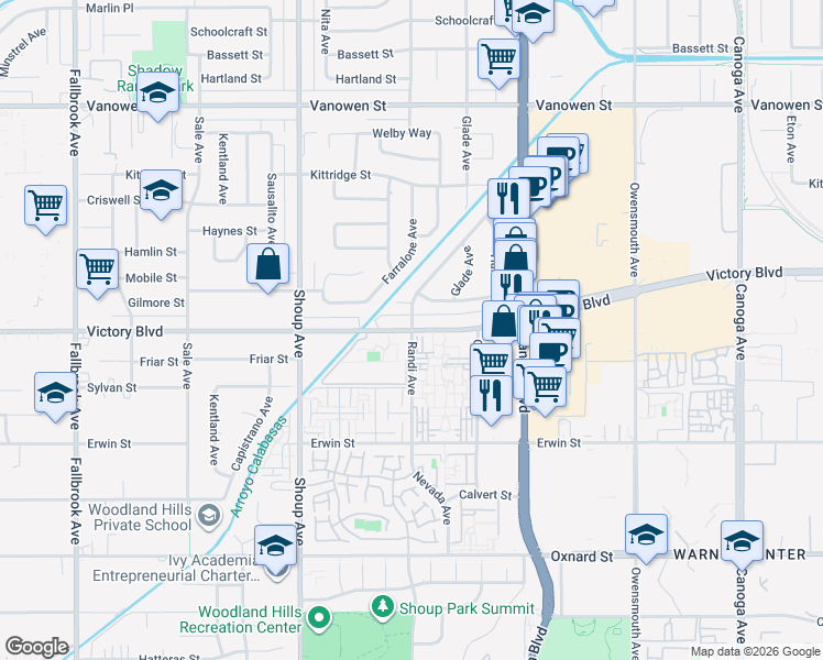 map of restaurants, bars, coffee shops, grocery stores, and more near Randi Avenue in Los Angeles