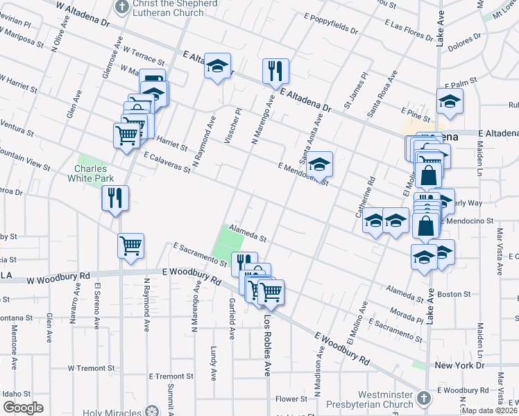 map of restaurants, bars, coffee shops, grocery stores, and more near 2379 Oliveras Avenue in Altadena