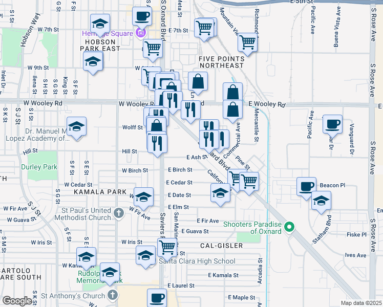 map of restaurants, bars, coffee shops, grocery stores, and more near 247 East Ash Street in Oxnard