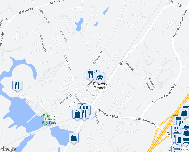 map of restaurants, bars, coffee shops, grocery stores, and more near 5608 West Pine Street in Flowery Branch