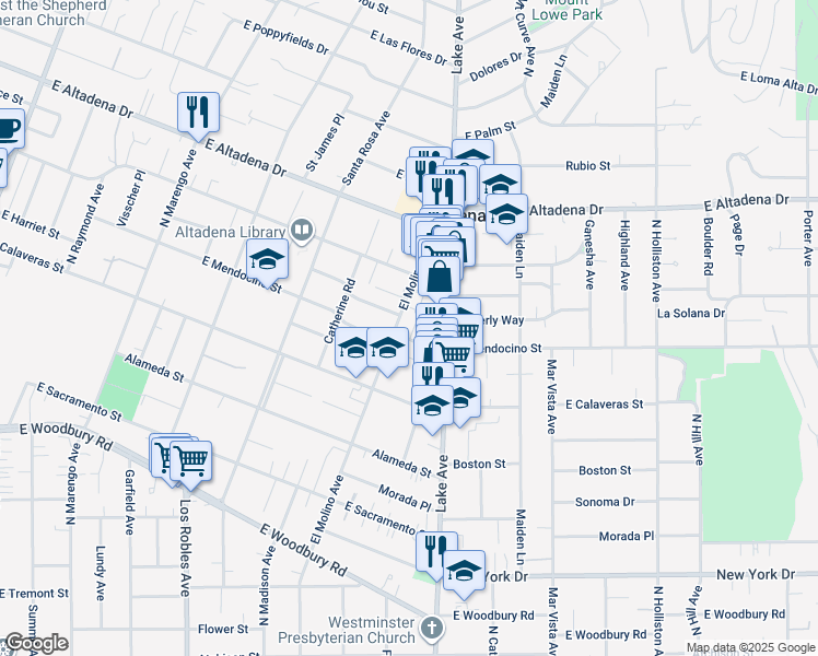 map of restaurants, bars, coffee shops, grocery stores, and more near 847 East Mendocino Street in Altadena
