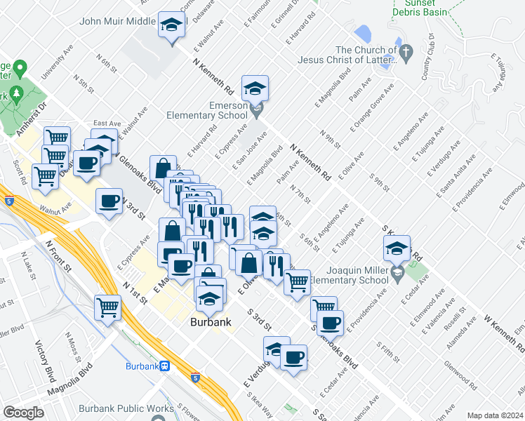 map of restaurants, bars, coffee shops, grocery stores, and more near 545 Palm Avenue in Burbank