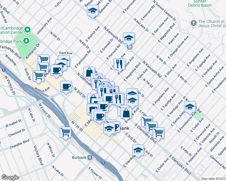 map of restaurants, bars, coffee shops, grocery stores, and more near 476 East Magnolia Boulevard in Burbank