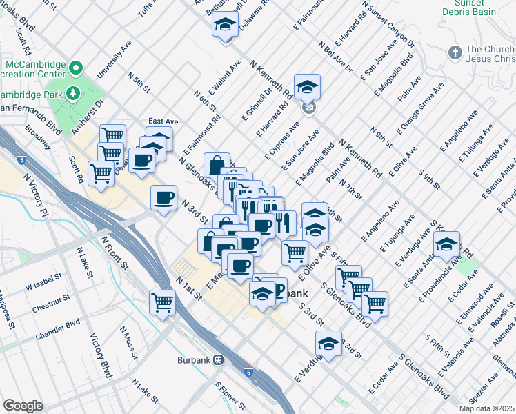 map of restaurants, bars, coffee shops, grocery stores, and more near 428 East San Jose Avenue in Burbank