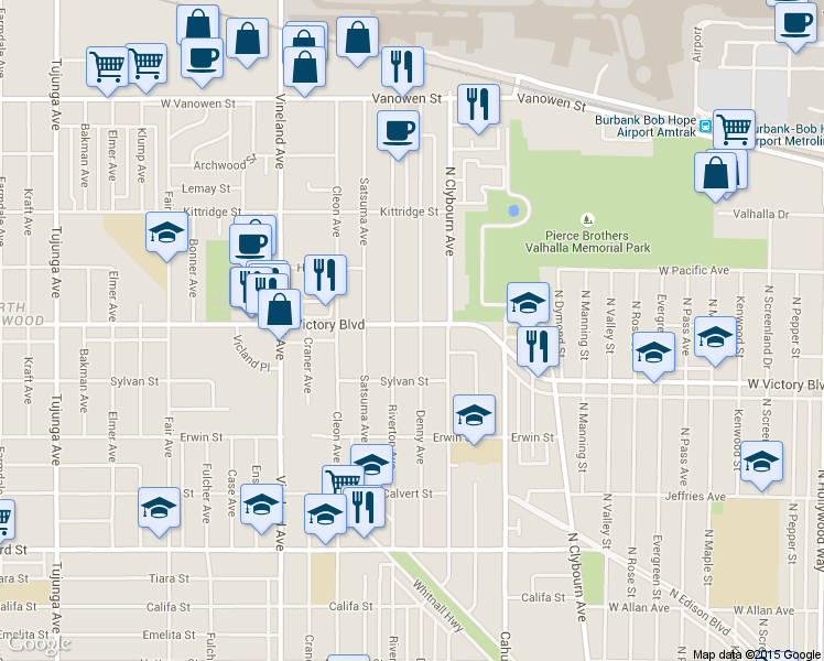 map of restaurants, bars, coffee shops, grocery stores, and more near 6353 Denny Avenue in Los Angeles