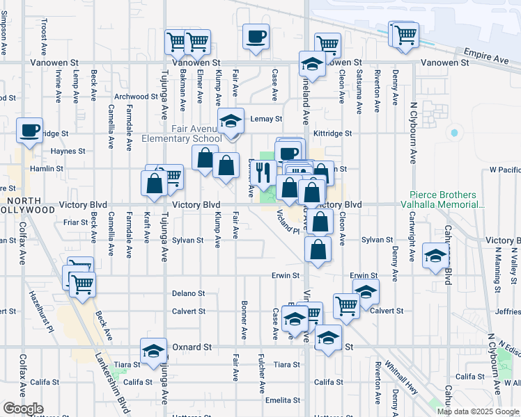 map of restaurants, bars, coffee shops, grocery stores, and more near 11110 Victory Boulevard in Los Angeles